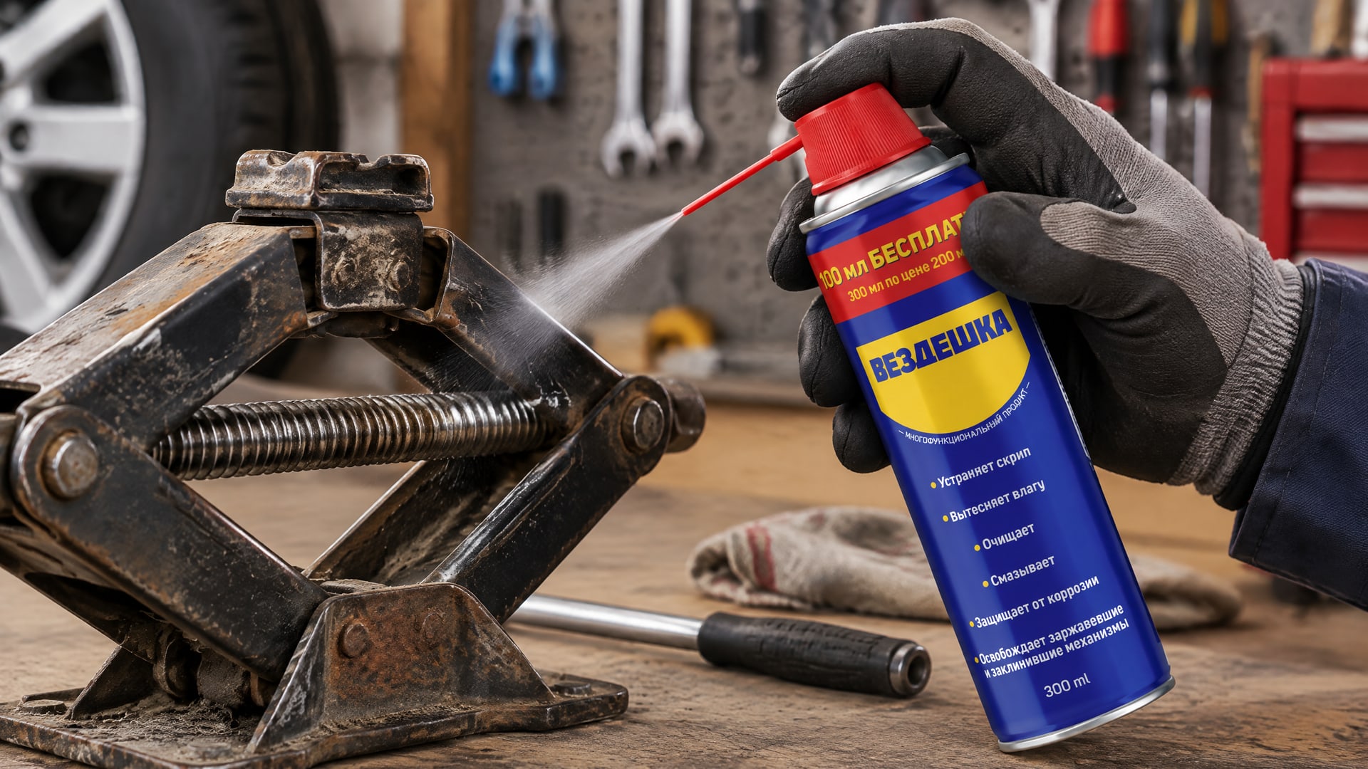 Рука в перчатке наносит универсальную смазку wd-40 на домкрат.