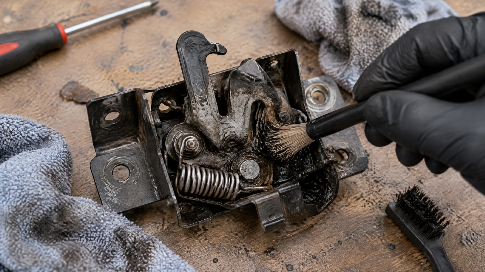 Детали замка капота и инструменты для очистки, среди которых WD40, на верстаке.