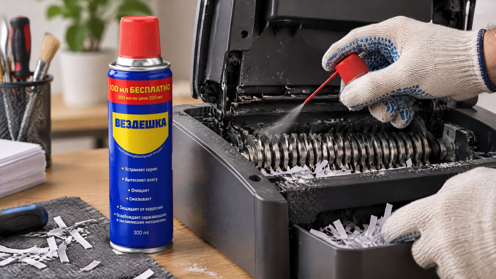 Рука в перчатке наносит универсальную смазку WD-40 на детали шредера.