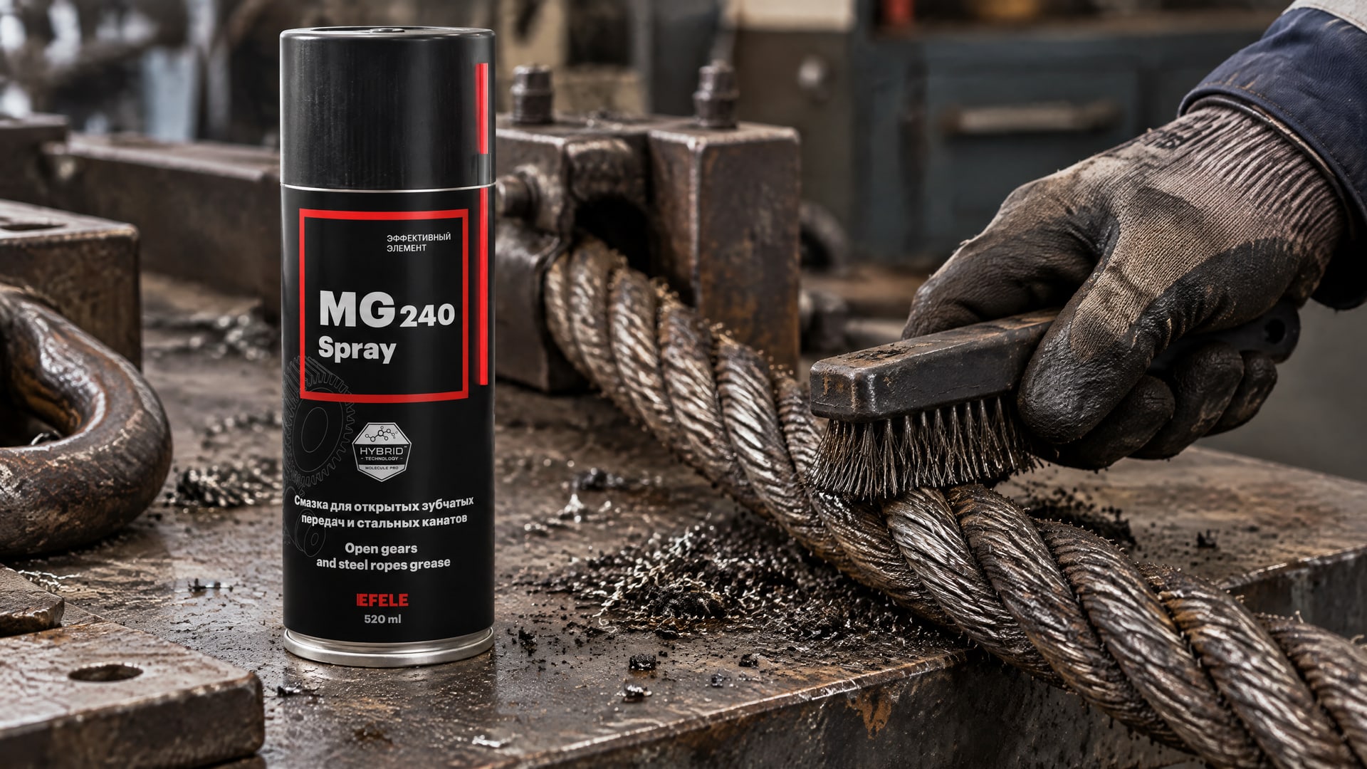 Рука в перчатке распыляет смазку EFELE MG-240 Spray на открытую шестерню.