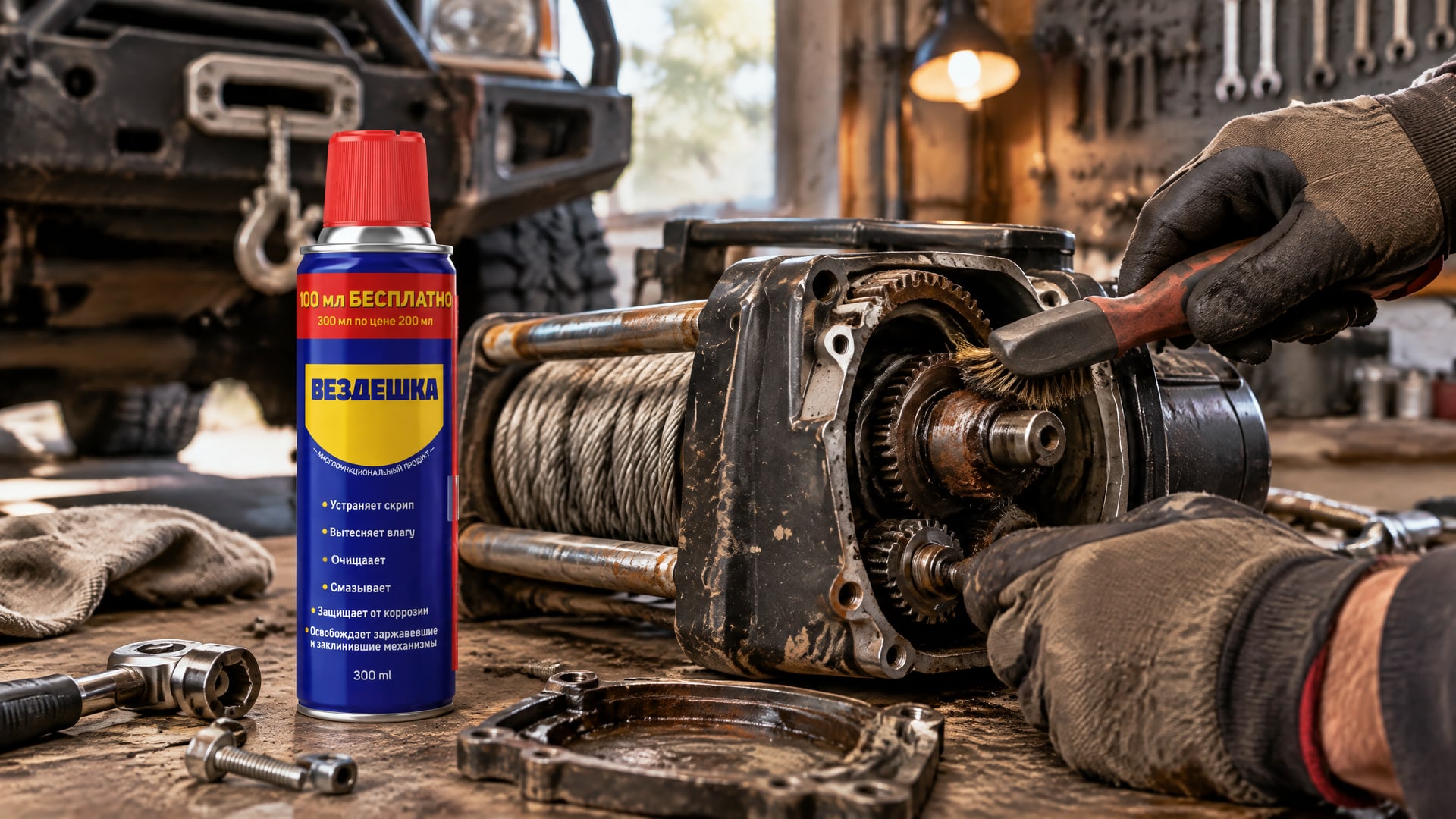 Рука в перчатке наносит универсальную смазку WD40 на детали лебедки.