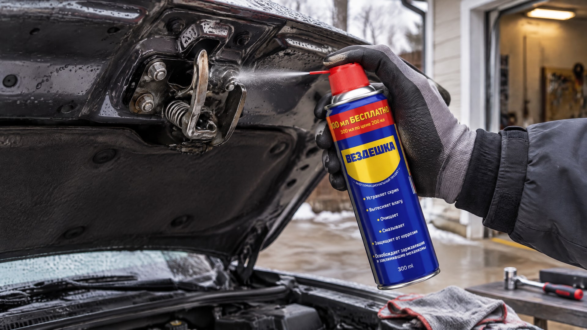 Рука в перчатке наносит универсальную смазку wd-40 на петли капота.