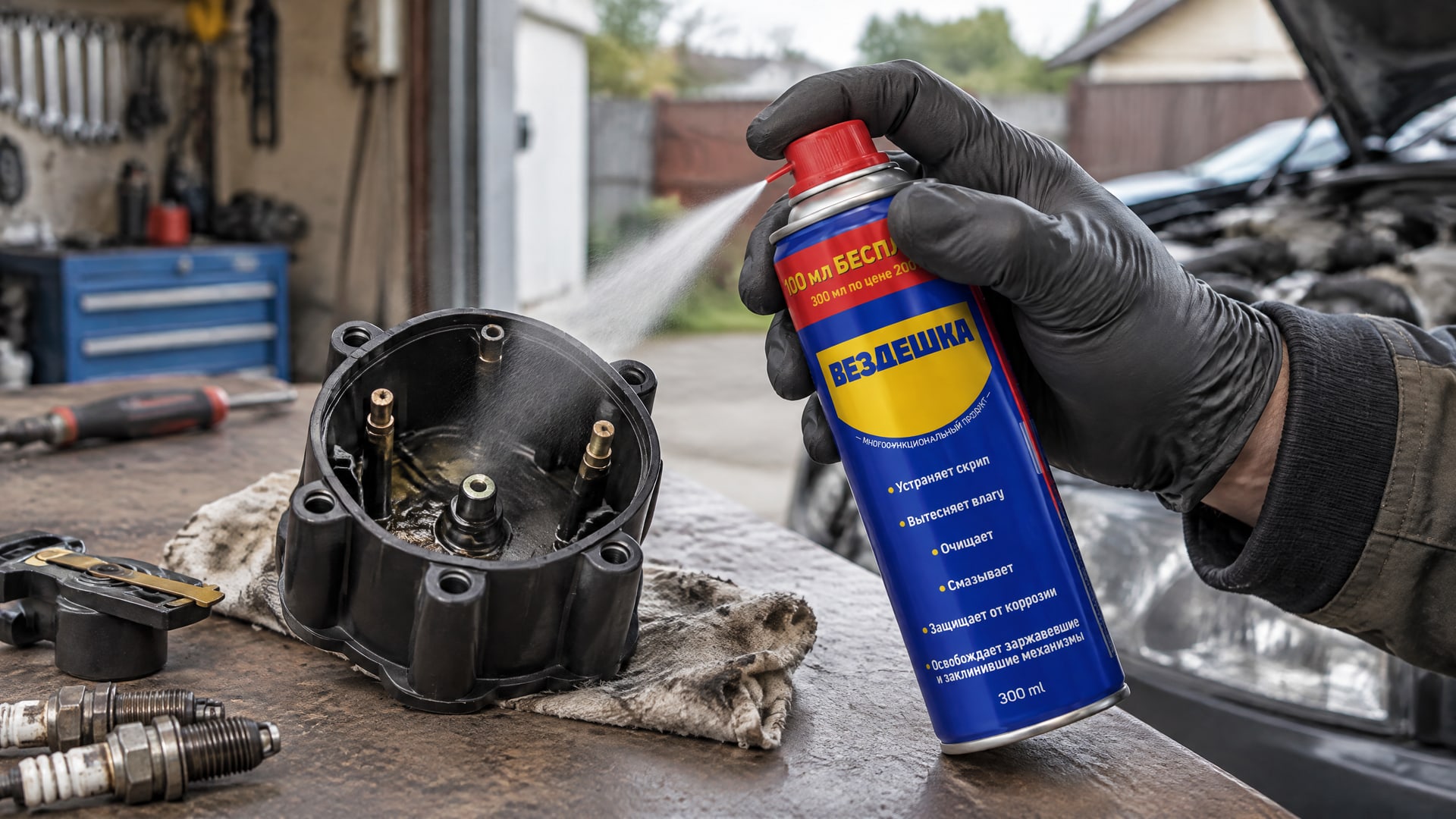 Рука в перчатке наносит универсальную смазку wd-40 на контакты.