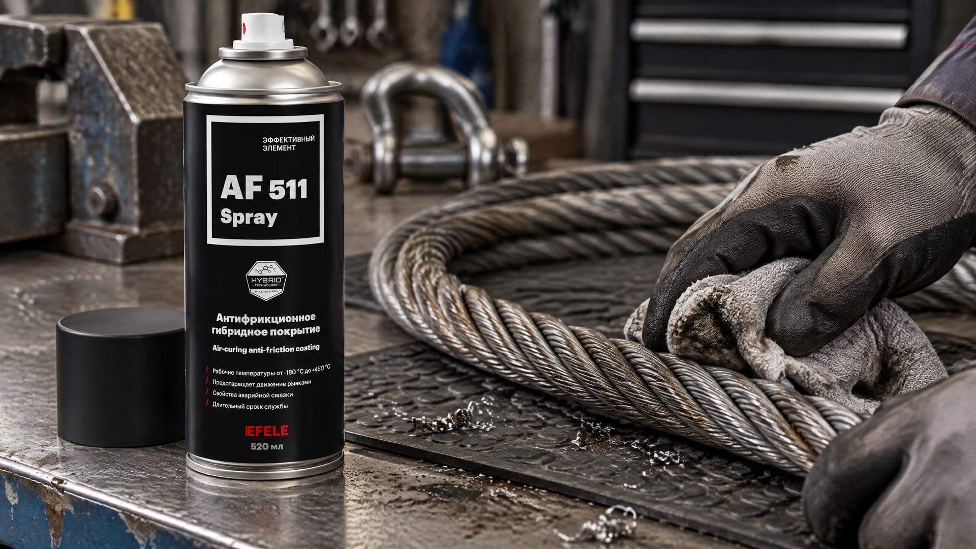 Рука в перчатке наносит смазку EFELE AF-511 Spray на поверхность в агрессивной среде.