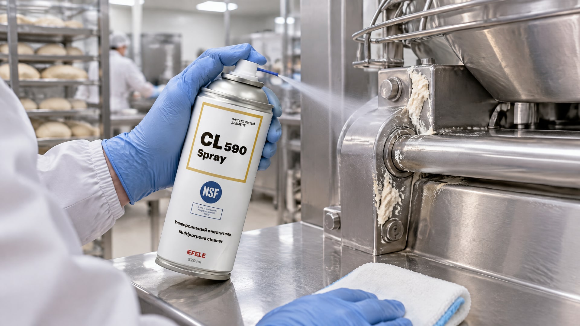 Рука в перчатке наносит EFELE CL-590 Spray для очистки антипригарного покрытия.