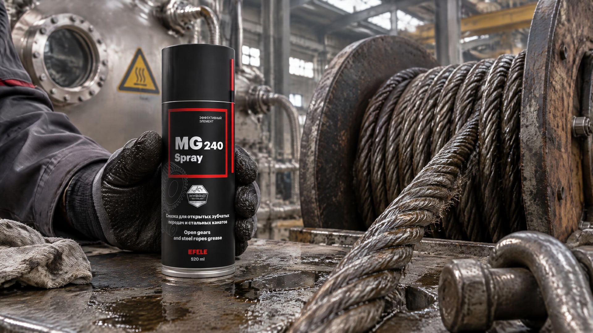 Рука в перчатке наносит смазку EFELE MG-240 Spray.
