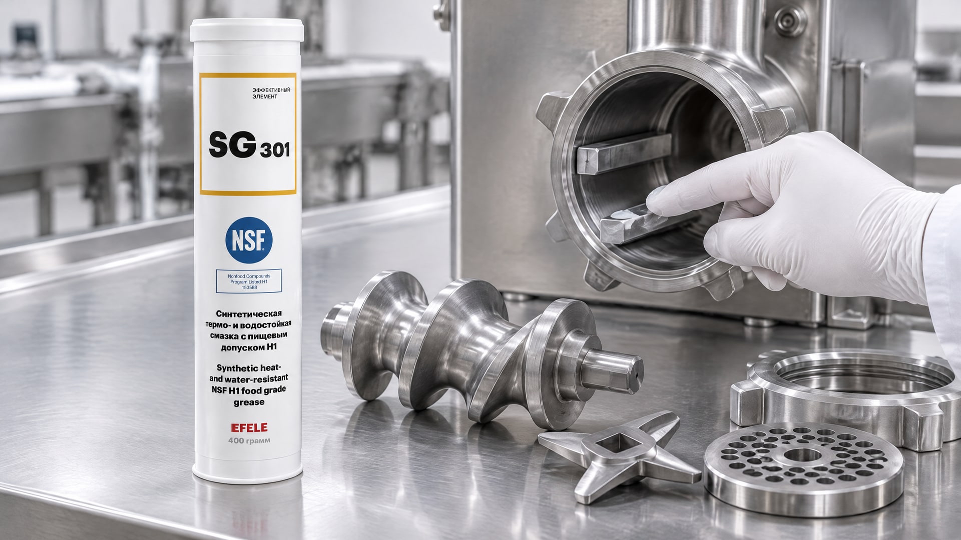 Нанесение EFELE SG-301 (термо-водостойкая, NSF H1) на детали мясорубки.