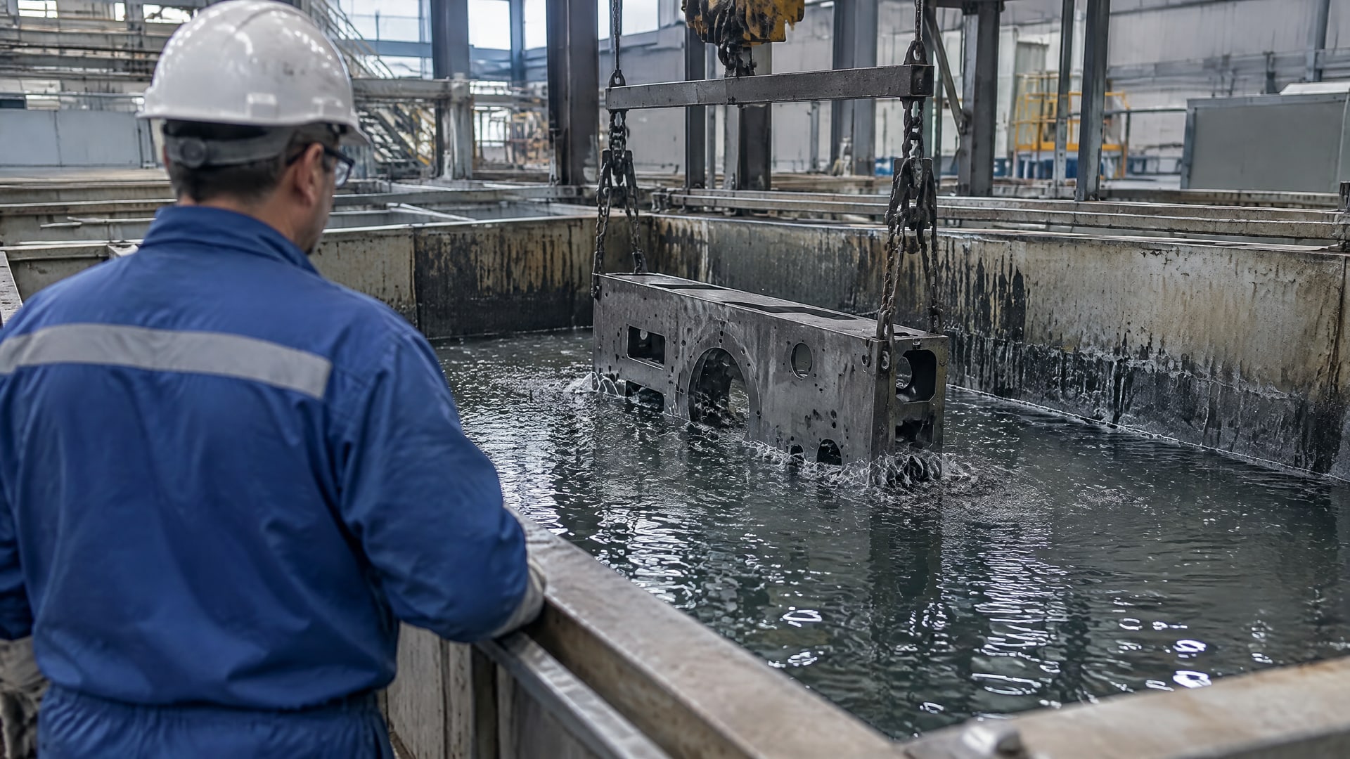 Инженер наблюдает за фосфатированием стальной детали в промышленной ванне для защиты внутренних диаметров.