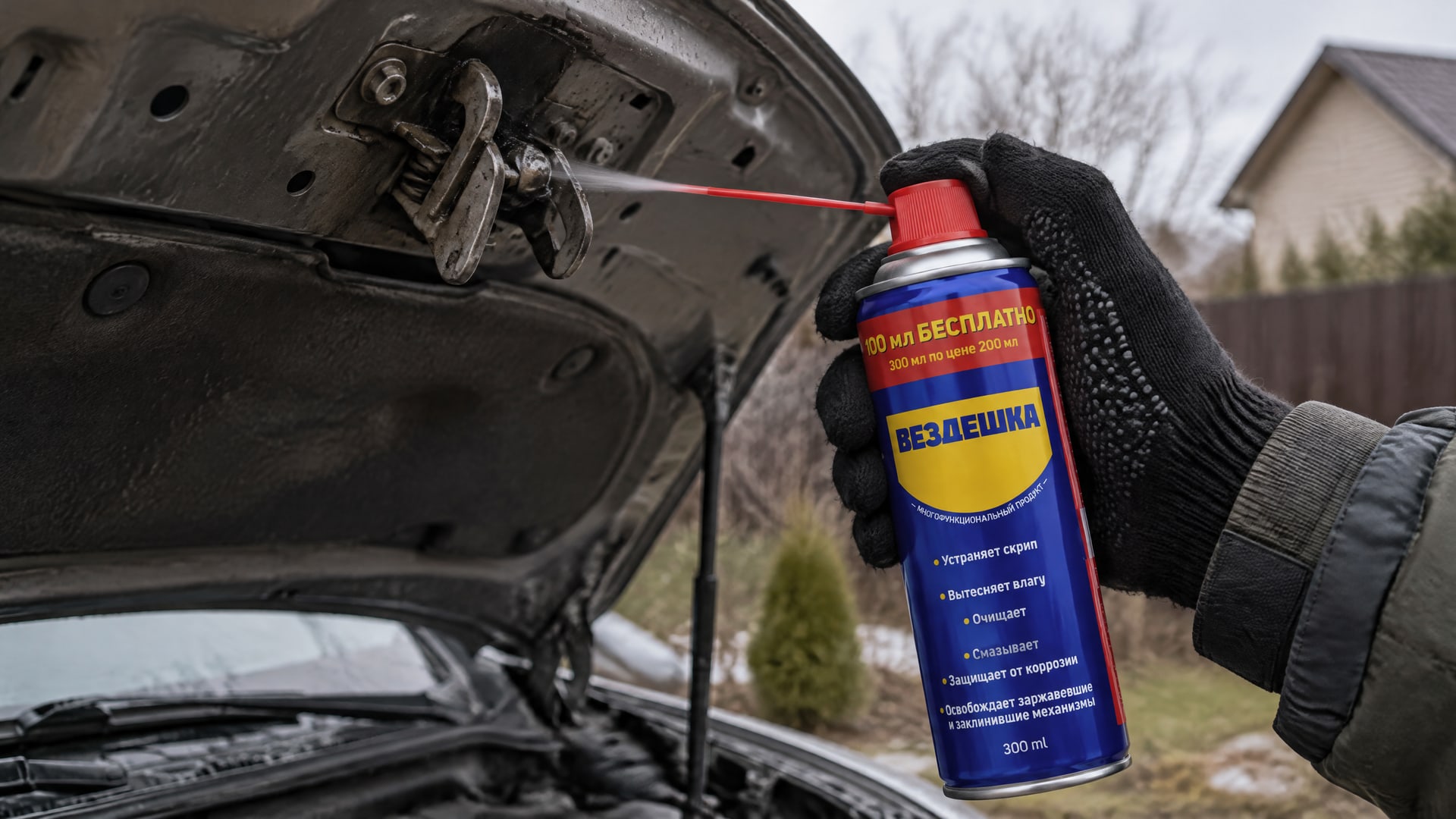 Рука наносит универсальную смазку WD-40 на замок капота.