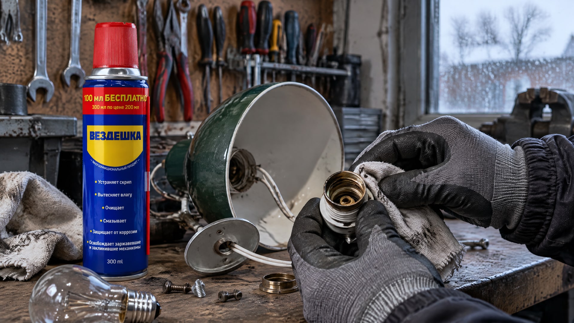 Рука в перчатке наносит универсальную смазку wd-40 на контакты.
