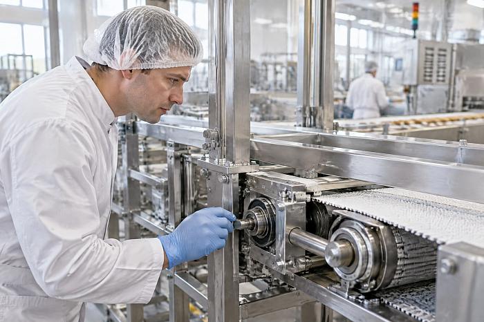 Работник в чистой спецодежде осматривает движущиеся подшипники конвейера, где критична вязкость смазки подшипников.