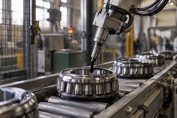 Роботизированная рука наносит вязкую смазку агрессивные среды на открытый подшипник на конвейере.